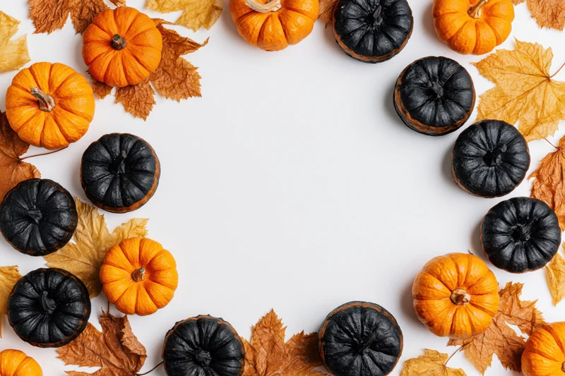 Small orange and black pumpkins with autumn leaves arranged in a border around white copyspace