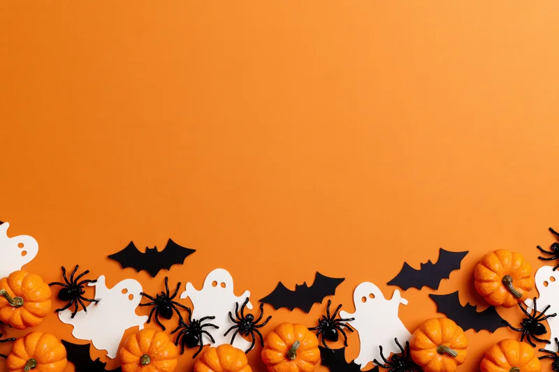 Halloween decorations arranged along bottom edge on orange background with copyspace above