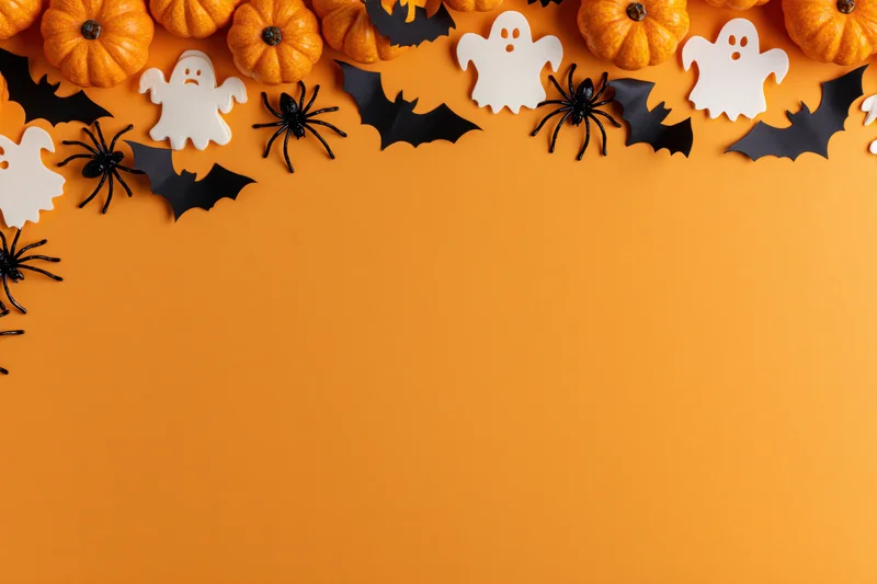 Halloween decorations arranged along the top edge of an orange surface with copyspace below