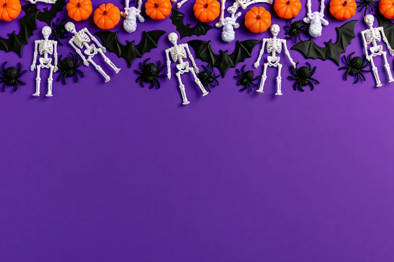 Halloween decorations arranged along top edge on purple background with copyspace below