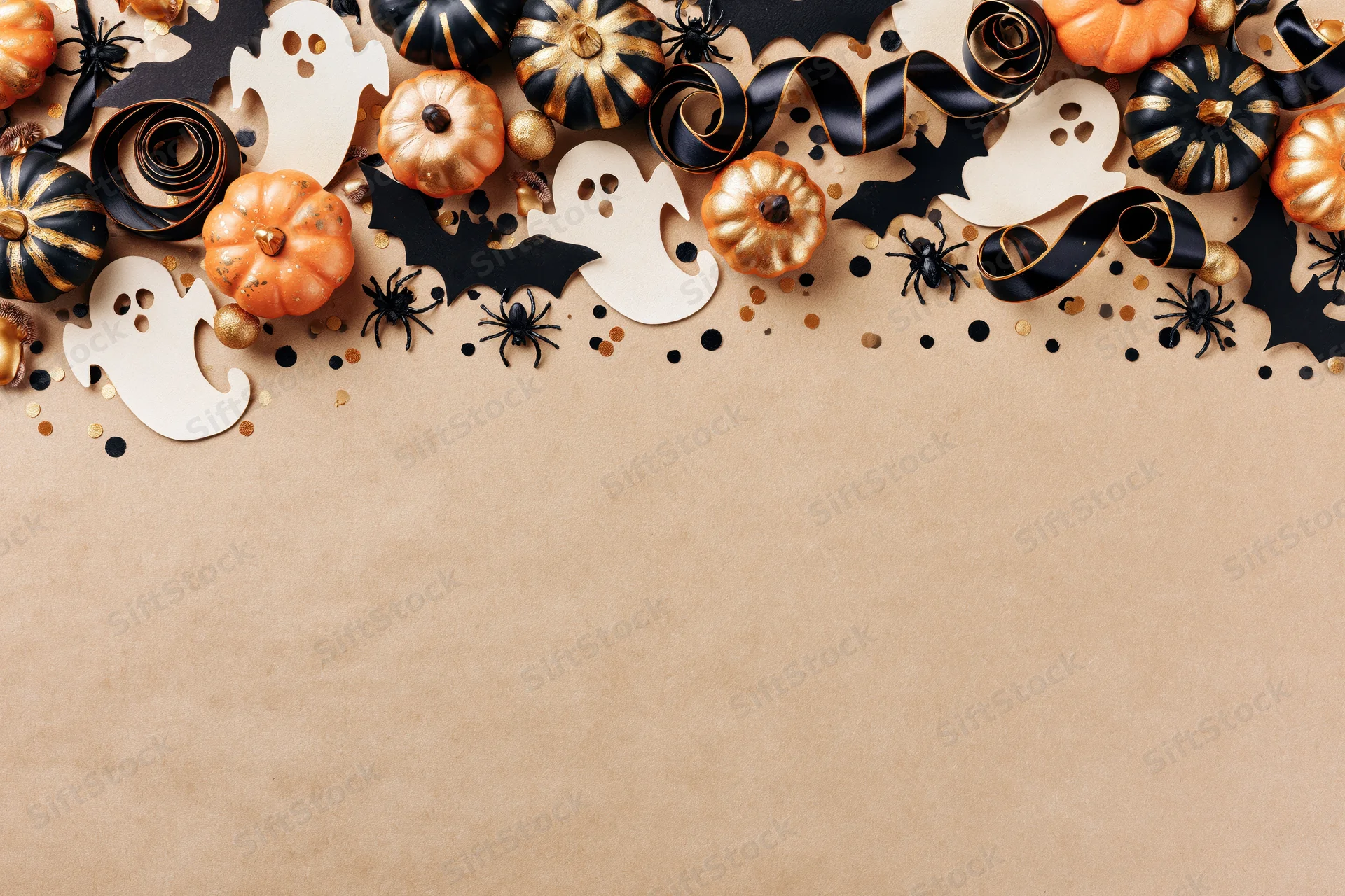 Halloween decorations arranged along the top edge of a brown surface with copyspace below