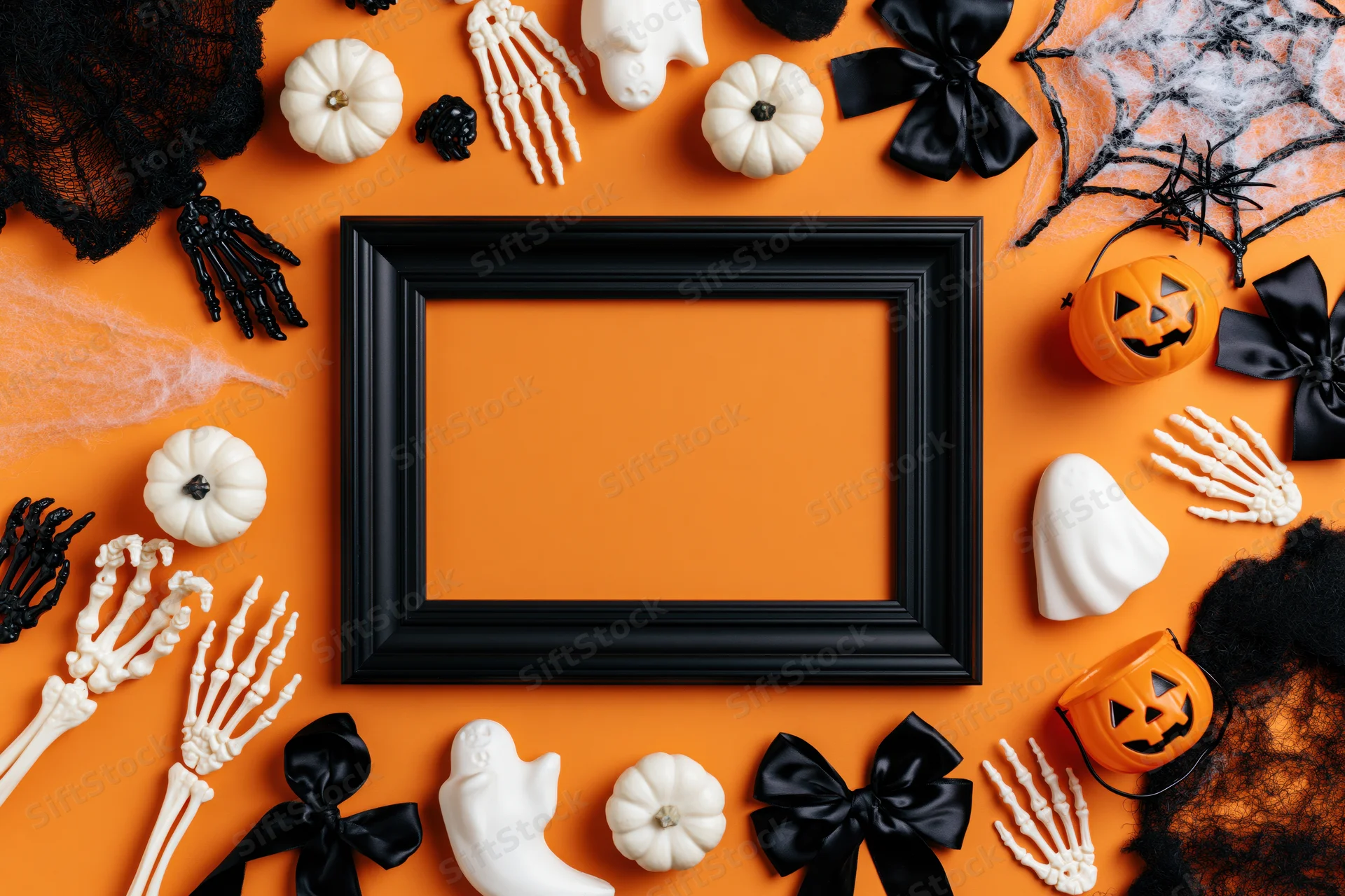 Halloween decorations arranged around a black frame on orange background