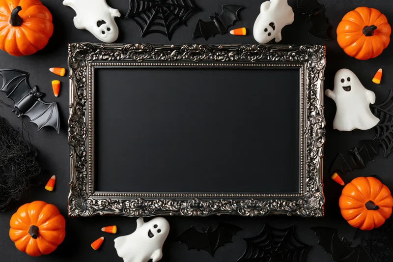 Halloween decorations arranged around an ornate frame on black surface