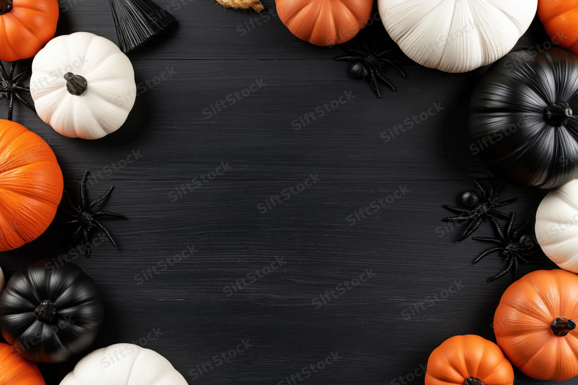 Halloween decorations arranged in a border around a dark wooden surface with copyspace in center
