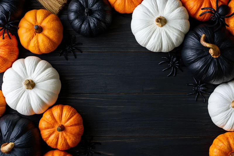 Halloween decorations including orange, black and white pumpkins and plastic spiders arranged in a border around a dark wooden table with central copyspace