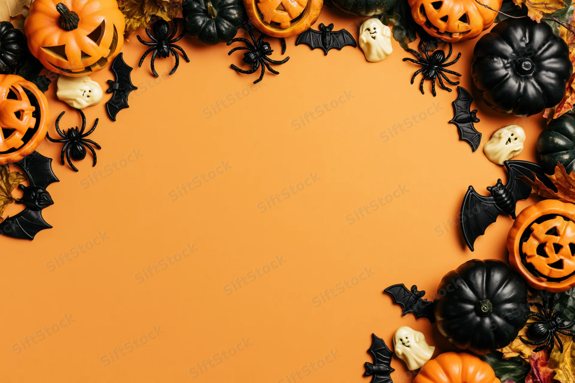 Halloween decorations arranged as a border frame on orange background with copyspace