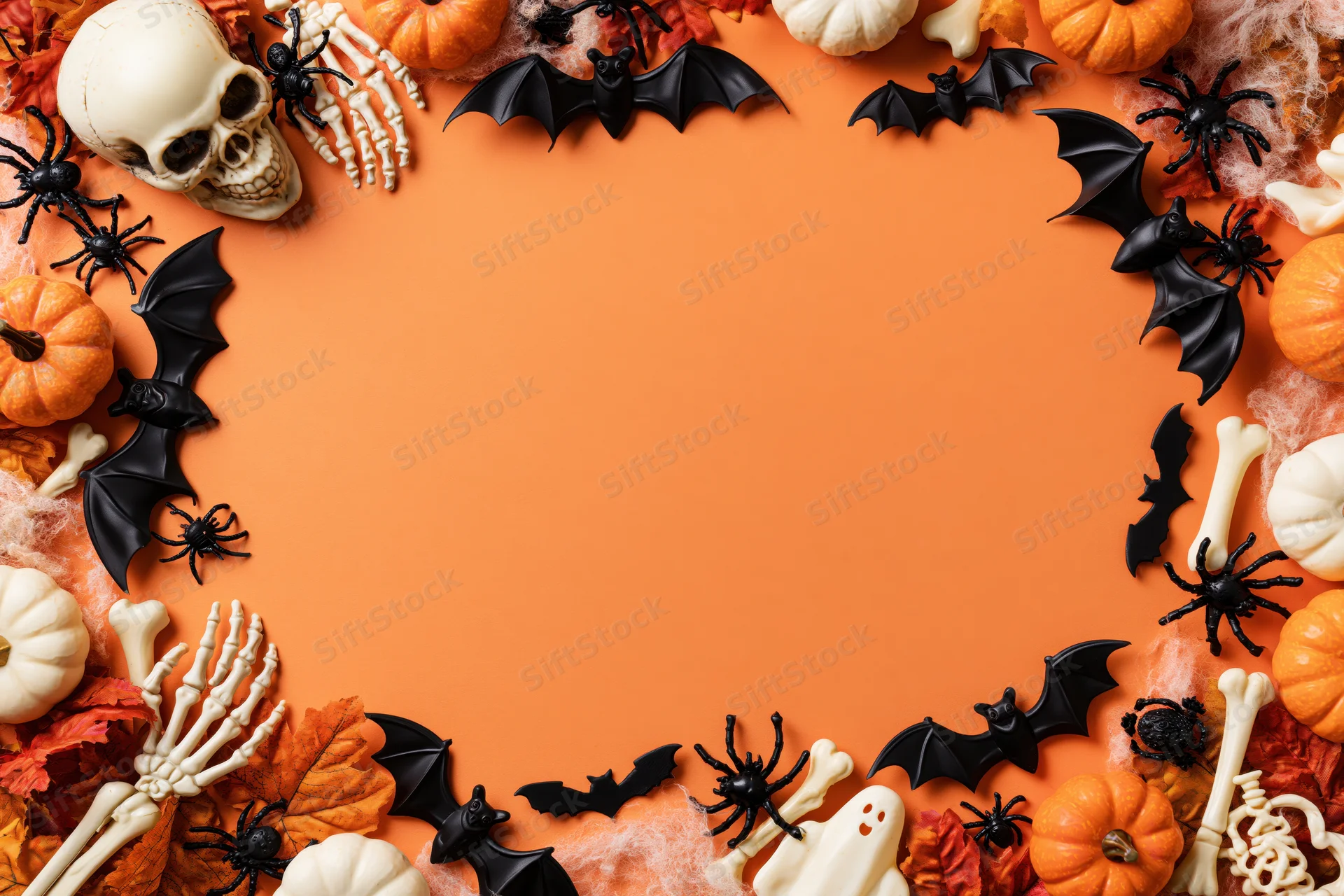 Halloween decorations arranged as a border frame on orange background