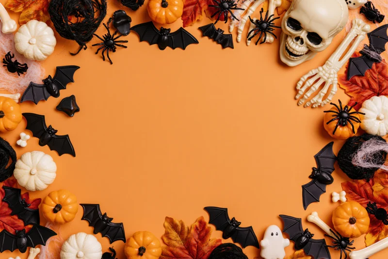 Halloween decorations arranged as a border frame on orange background