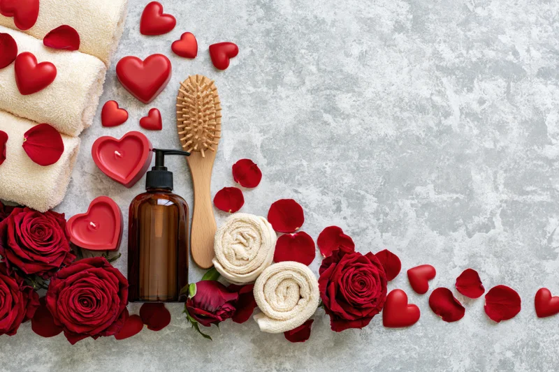 Valentines day spa items arranged along the bottom edge of a gray surface with copyspace