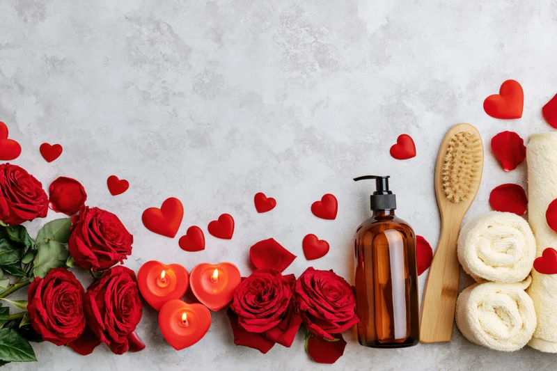 Red roses and heart-shaped candles with spa items arranged along the bottom of a light surface