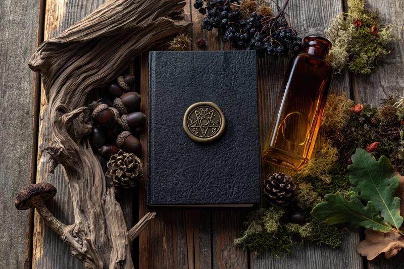 Dark spell book with pentagram seal and amber bottle arranged on weathered wood with forest elements