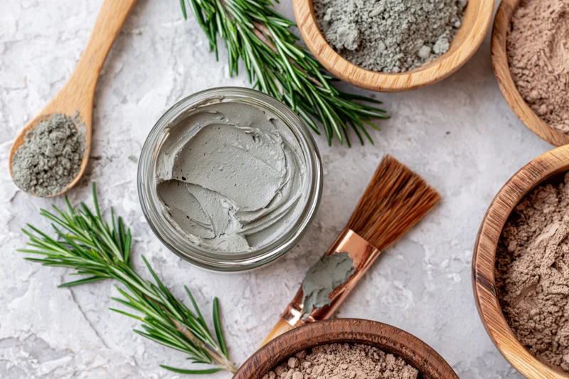 Glass jar with grey clay face mask surrounded by wooden bowls of powder, rosemary sprigs, and a brush on a textured surface