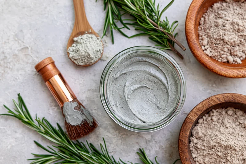 Glass jar with gray clay face mask surrounded by rosemary sprigs, wooden bowls of powder, and a brush on a light surface