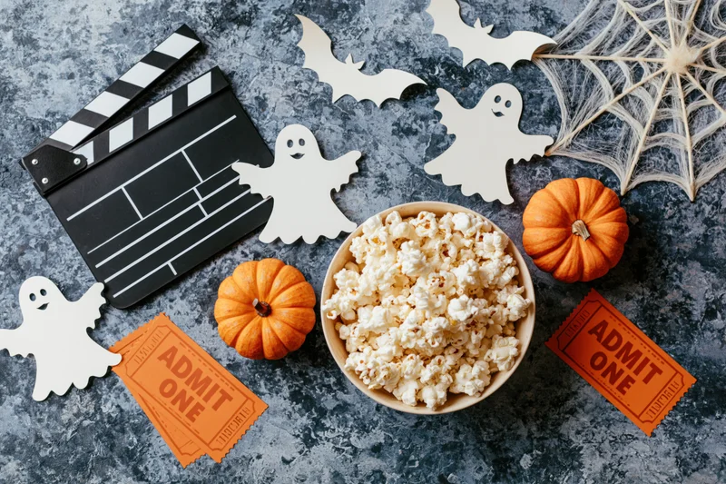 Halloween movie night flat lay with popcorn, clapperboard, pumpkins, ghosts, bats, spiderweb, and tickets on textured surface