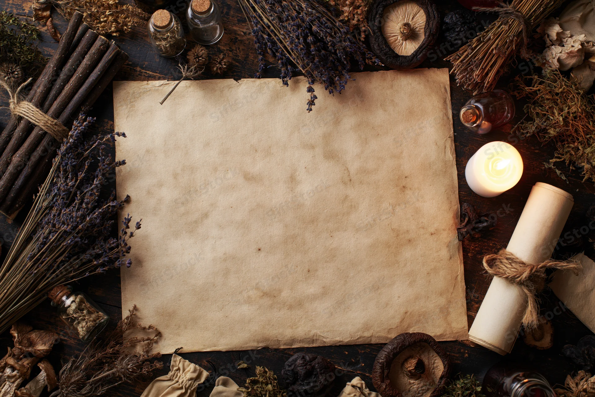 Aged parchment centered on dark wood table surrounded by dried herbs, mushrooms, bottles, and a lit candle
