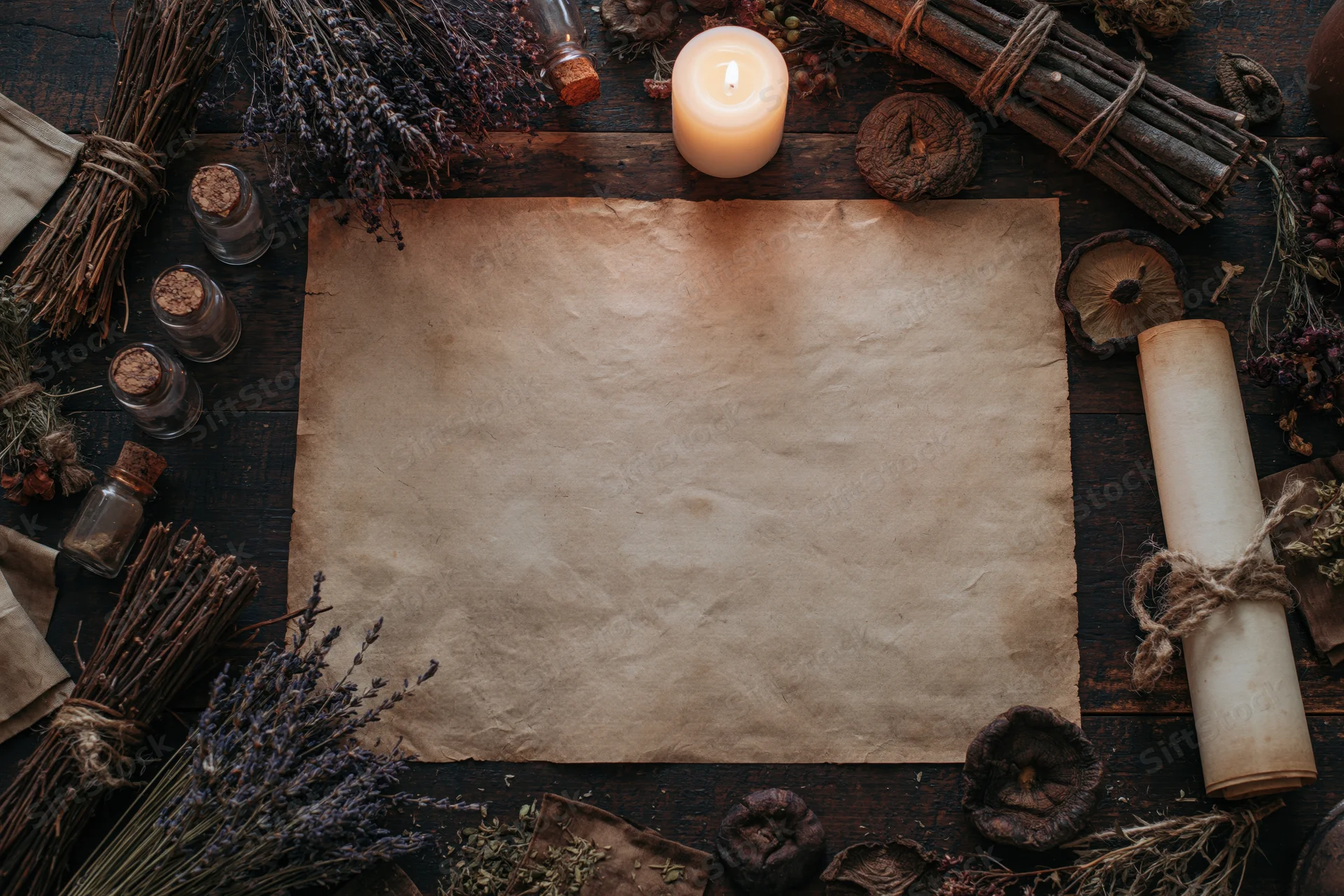 Aged parchment centered on dark wood surrounded by dried herbs, twigs, bottles, and a candle in a flat lay arrangement