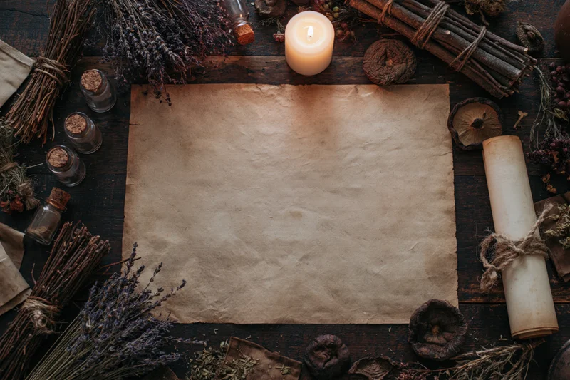 Aged parchment centered on dark wood surrounded by dried herbs, twigs, bottles, and a candle in a flat lay arrangement