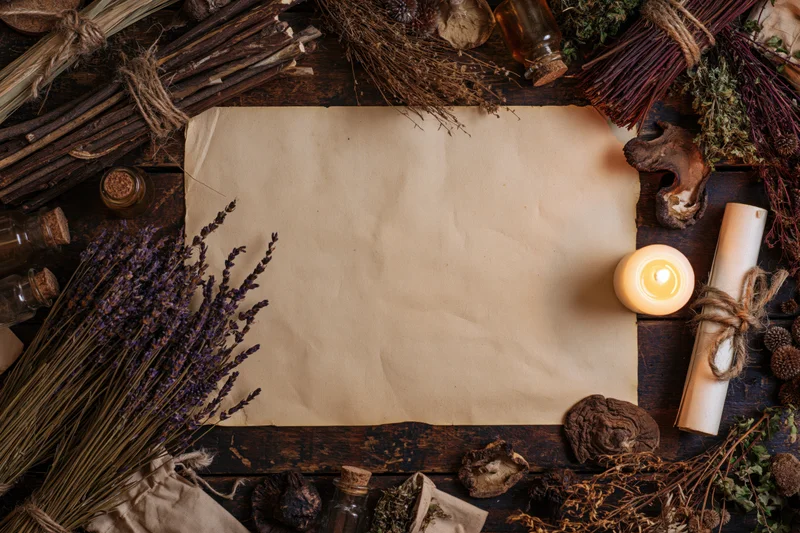 Aged parchment centered on dark wood surrounded by dried herbs, lavender, candle, and glass bottles in a flat lay arrangement