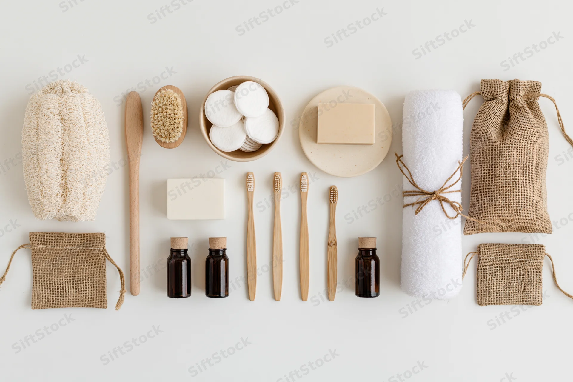 Natural bathroom and skincare items arranged in flat lay on white surface