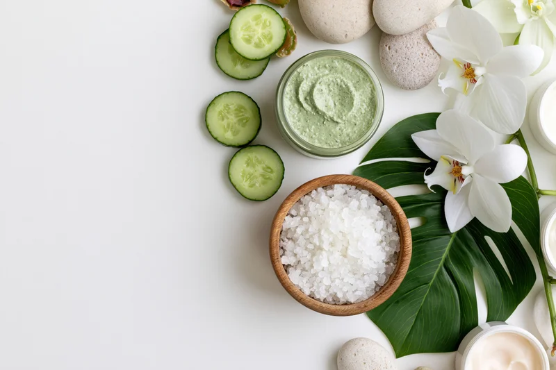 Natural skincare products with cucumber slices, orchid flowers, and monstera leaf arranged on white surface in flat lay style
