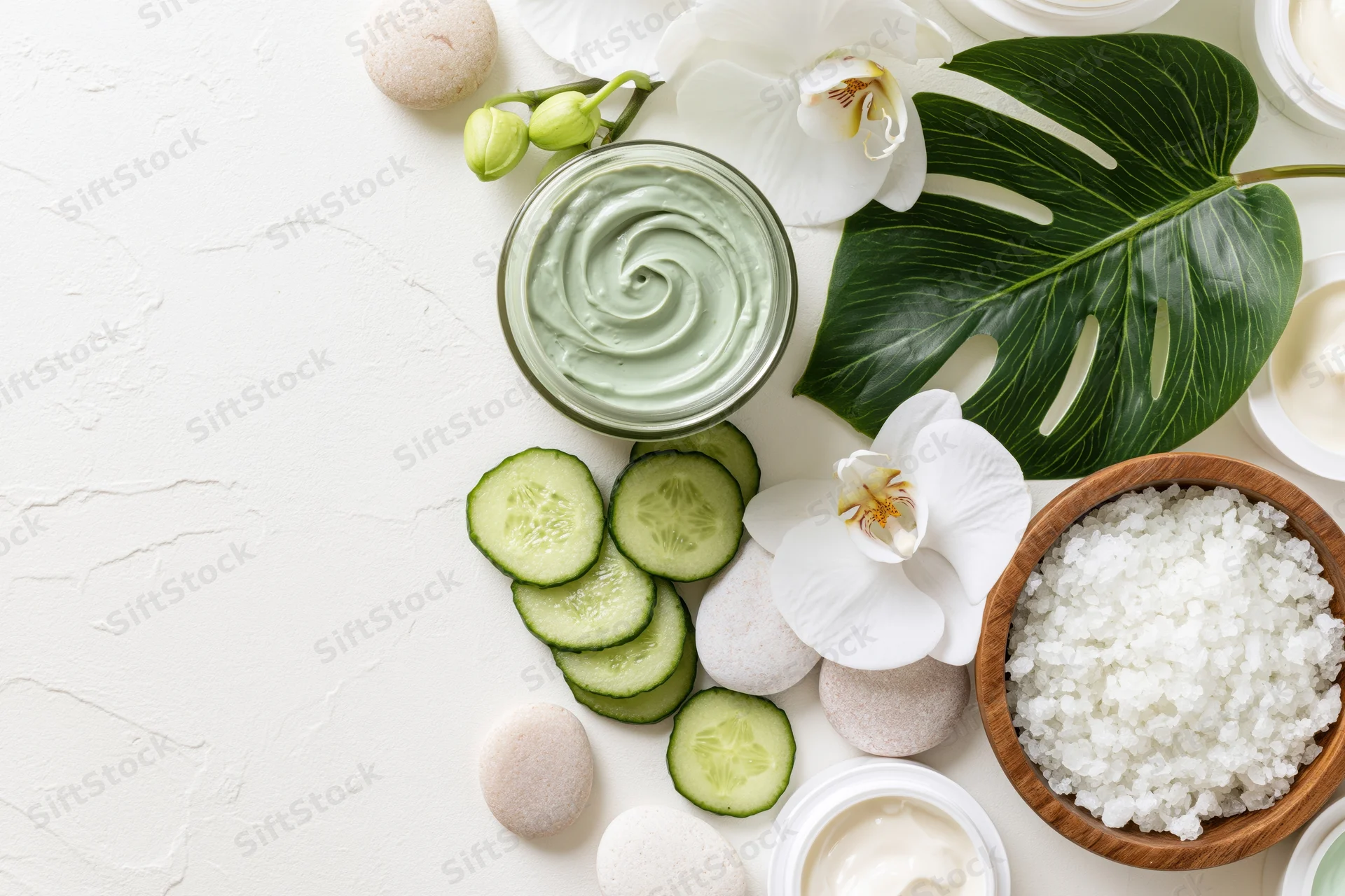 Natural skincare products with cucumber slices, orchid flowers and monstera leaf arranged on white textured surface