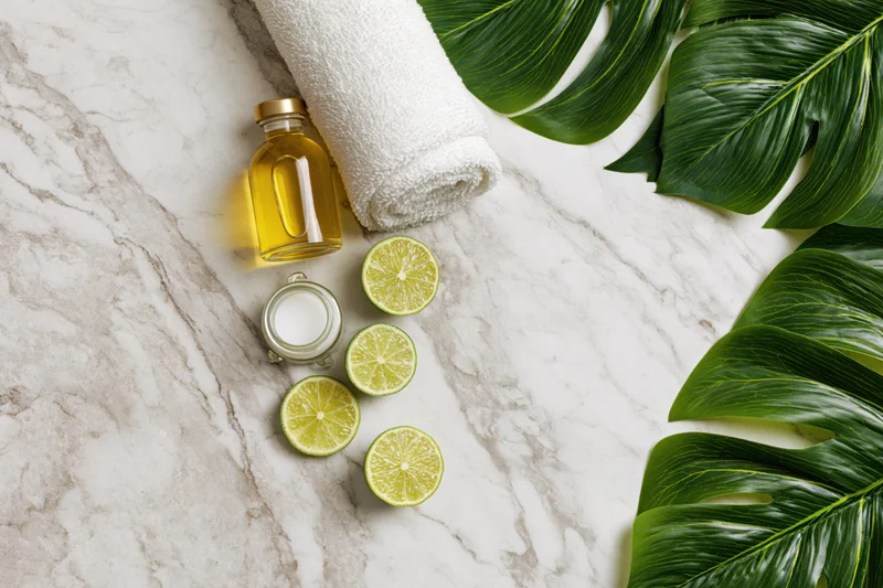 Natural skincare products with lime slices and monstera leaves arranged on white marble surface