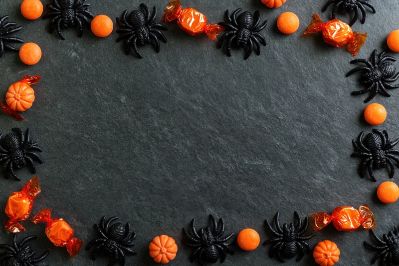 Plastic spiders and orange candies arranged in a border on dark slate surface with copyspace