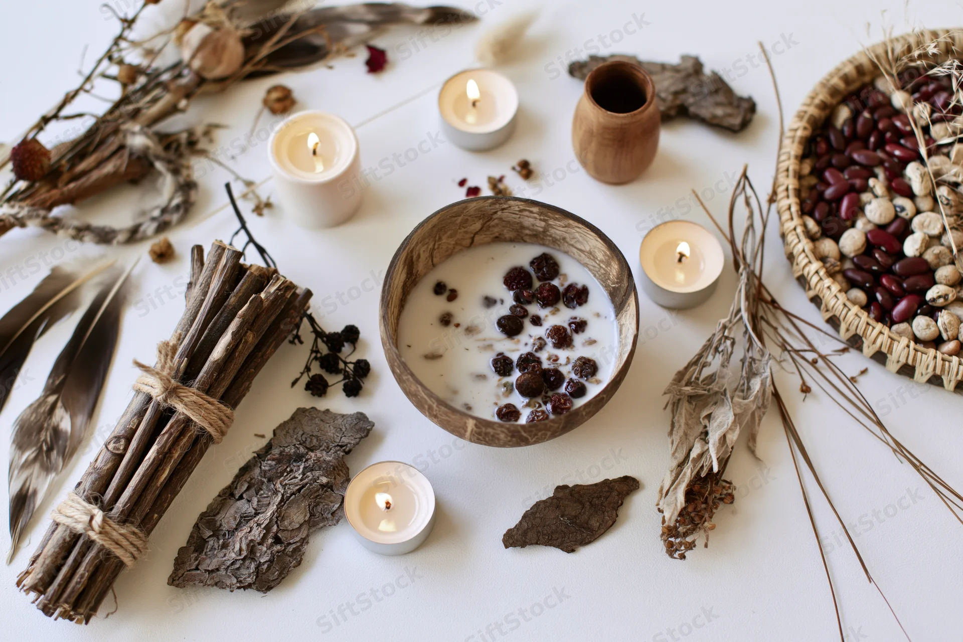 Ritual and herbal objects arranged in a flat lay on a white surface with candles, dried plants, and natural materials
