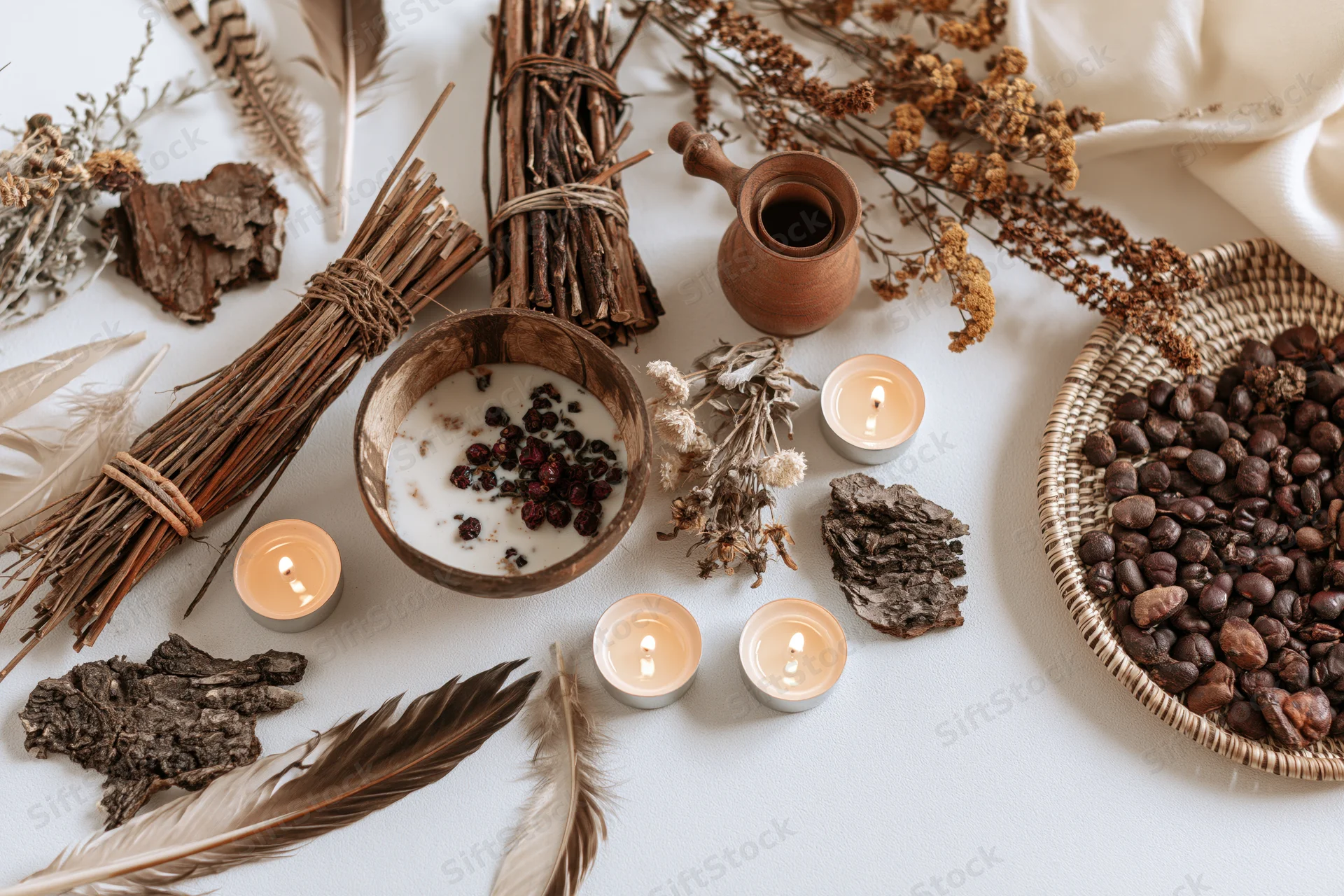 Ritual and herbal objects arranged in flat lay on white surface with candles, feathers, dried flowers, coffee beans, and wooden bowl