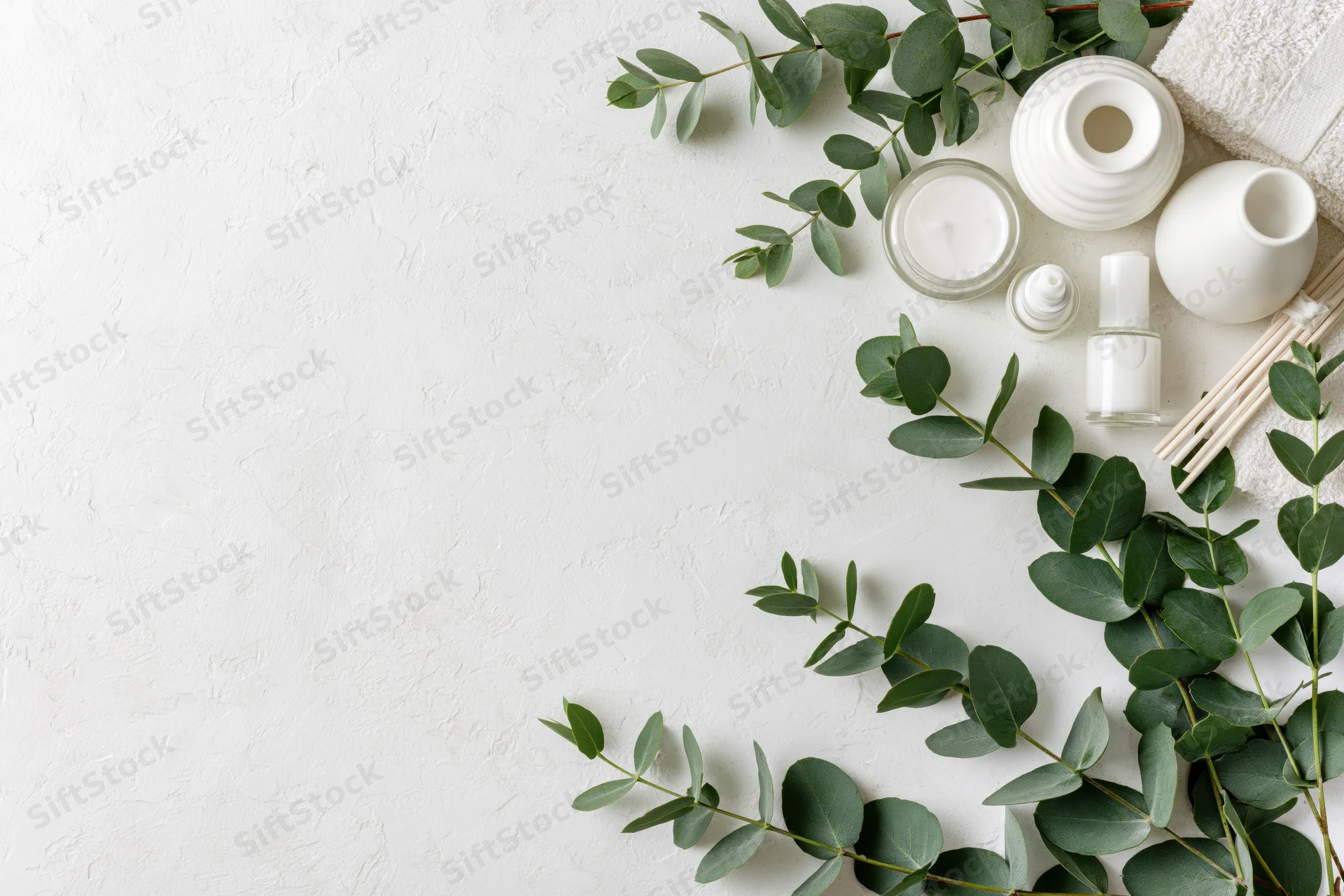 Skincare products and eucalyptus branches arranged in upper right corner on white textured surface