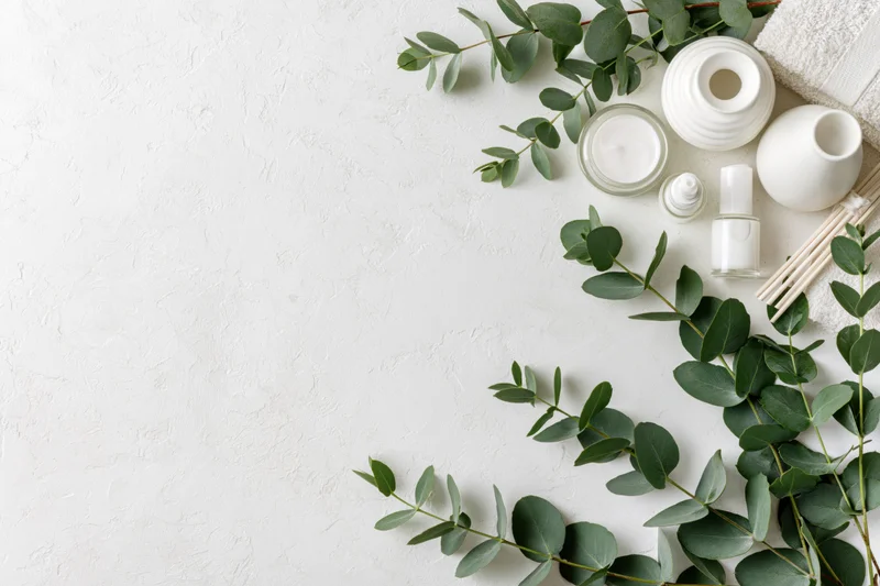 Skincare products and eucalyptus branches arranged in upper right corner on white textured surface