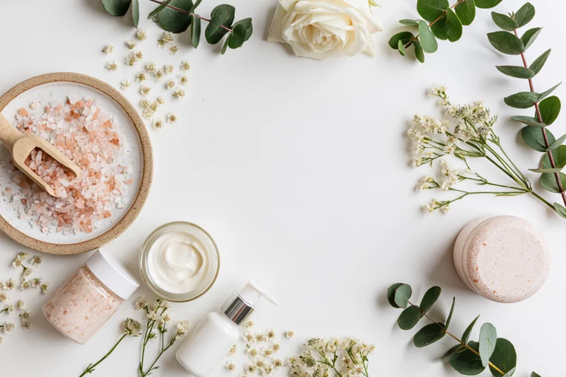 Skincare products and botanicals arranged in flat lay on white surface with copyspace