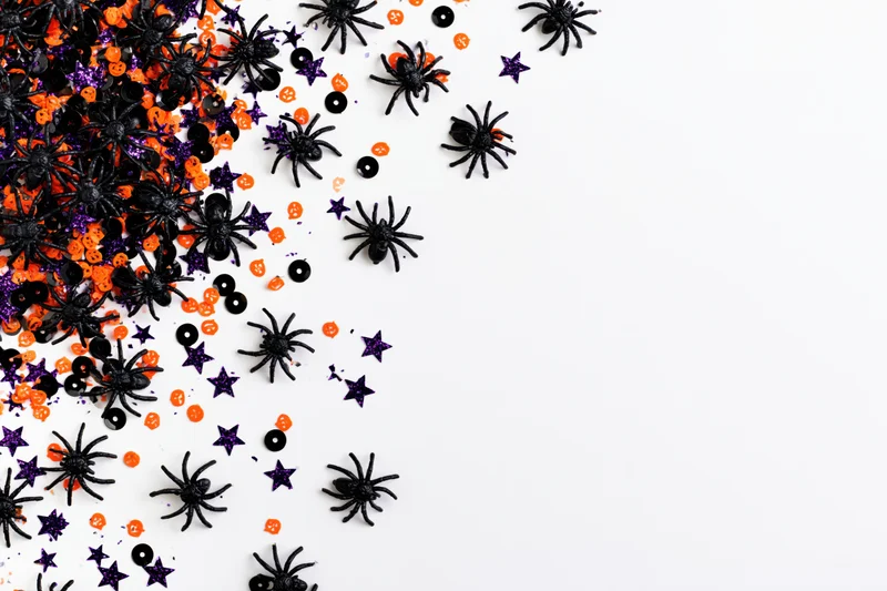 Black plastic toy spiders and colorful confetti scattered on white surface for halloween decoration