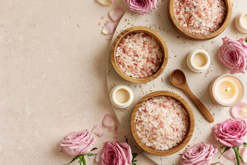 Spa and skincare items including bath salts, roses, candles, and wooden bowls arranged on a pale blush surface with copyspace