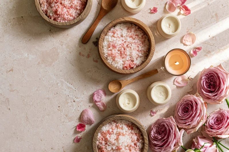 Spa and skincare items arranged on a pale blush surface with roses and candles