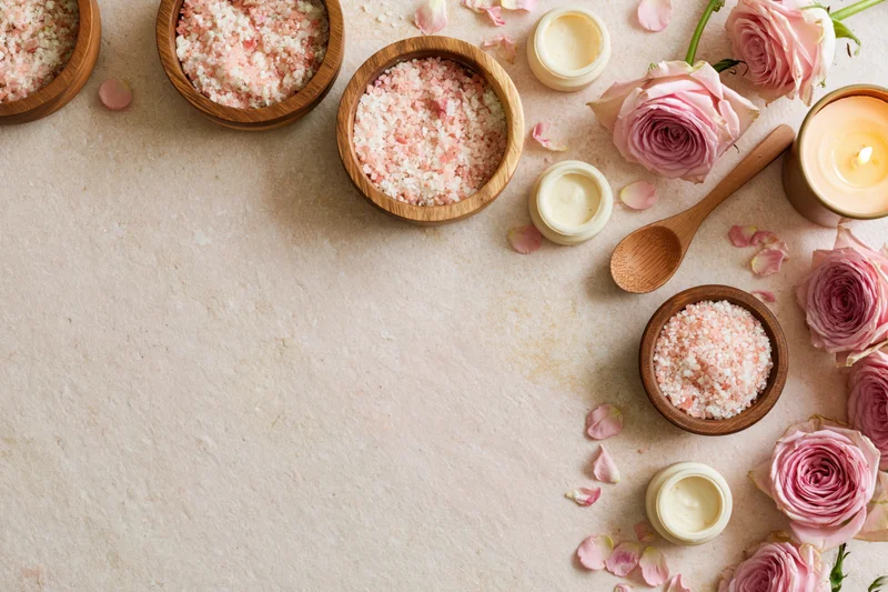 Spa and skincare items arranged on a pale blush surface with roses, salt, cream, and candle, creating a flat lay composition with copyspace