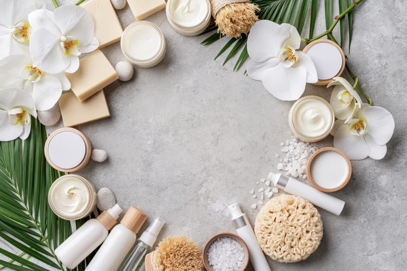 Skincare and spa products arranged in a circular flat lay on a textured surface with orchids and palm leaves