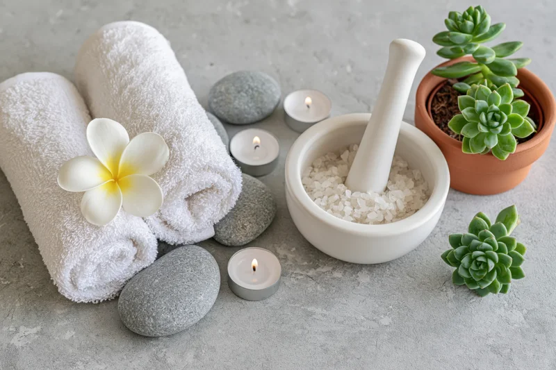 Spa wellness items arranged on a light gray surface with towels, candles, stones, and succulents