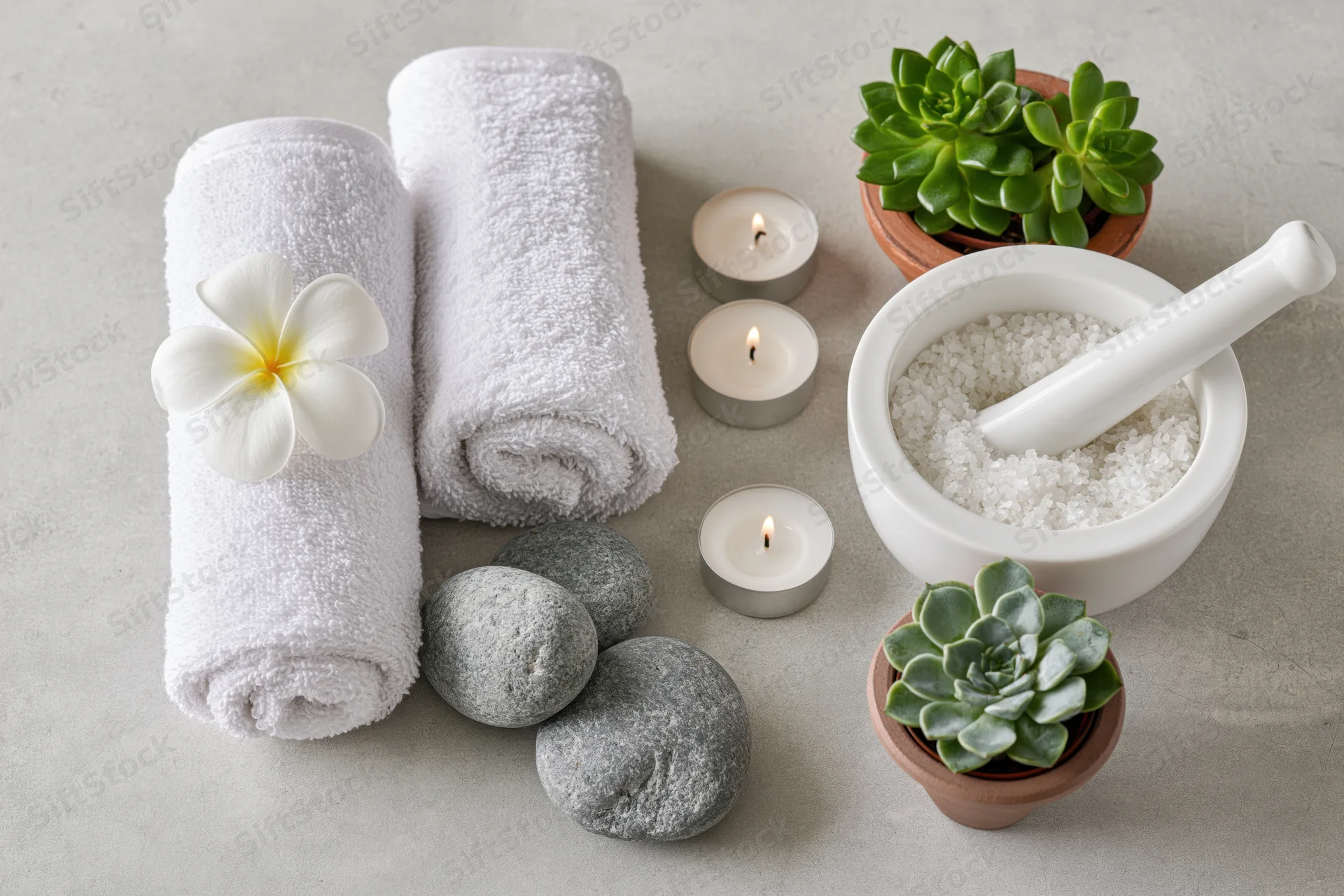 Rolled white towels with frangipani flower, lit candles, gray stones, succulents, and bath salt in mortar on light gray surface