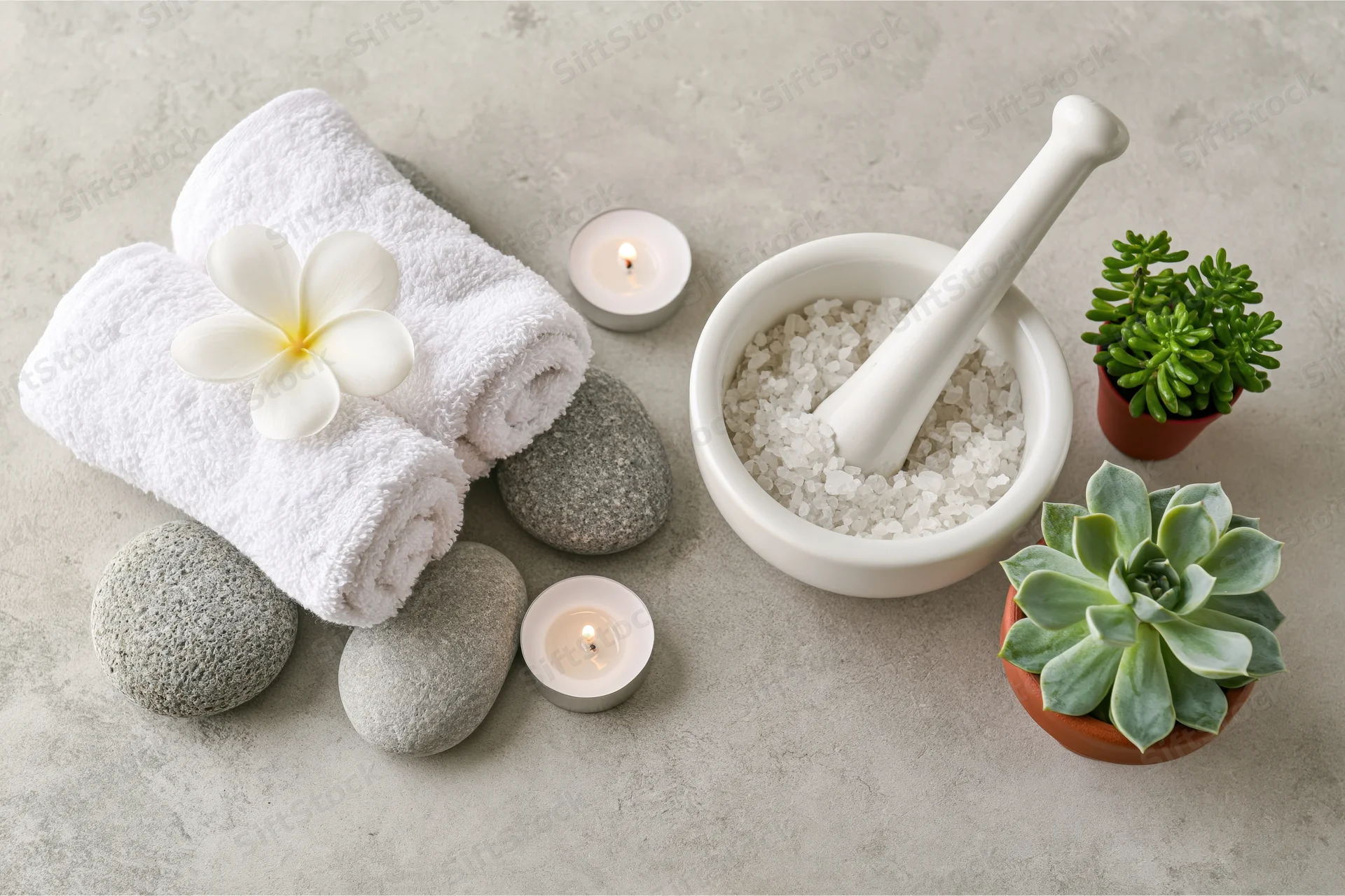 Spa wellness items arranged on a light grey surface including towels, stones, candles, salt in a mortar and pestle, and potted succulents