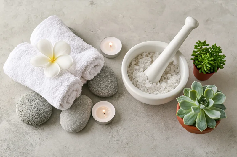 Spa wellness items arranged on a light grey surface including towels, stones, candles, salt in a mortar and pestle, and potted succulents