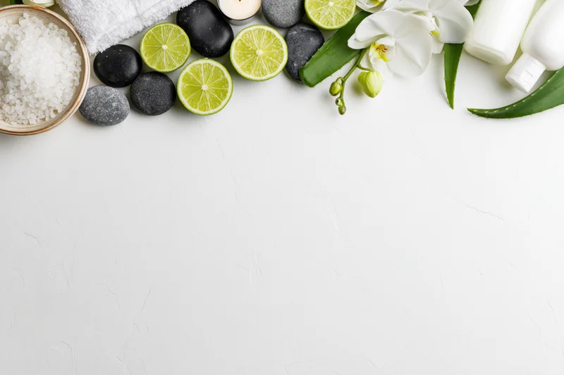Spa and wellness products arranged along the top of a white surface with copyspace below