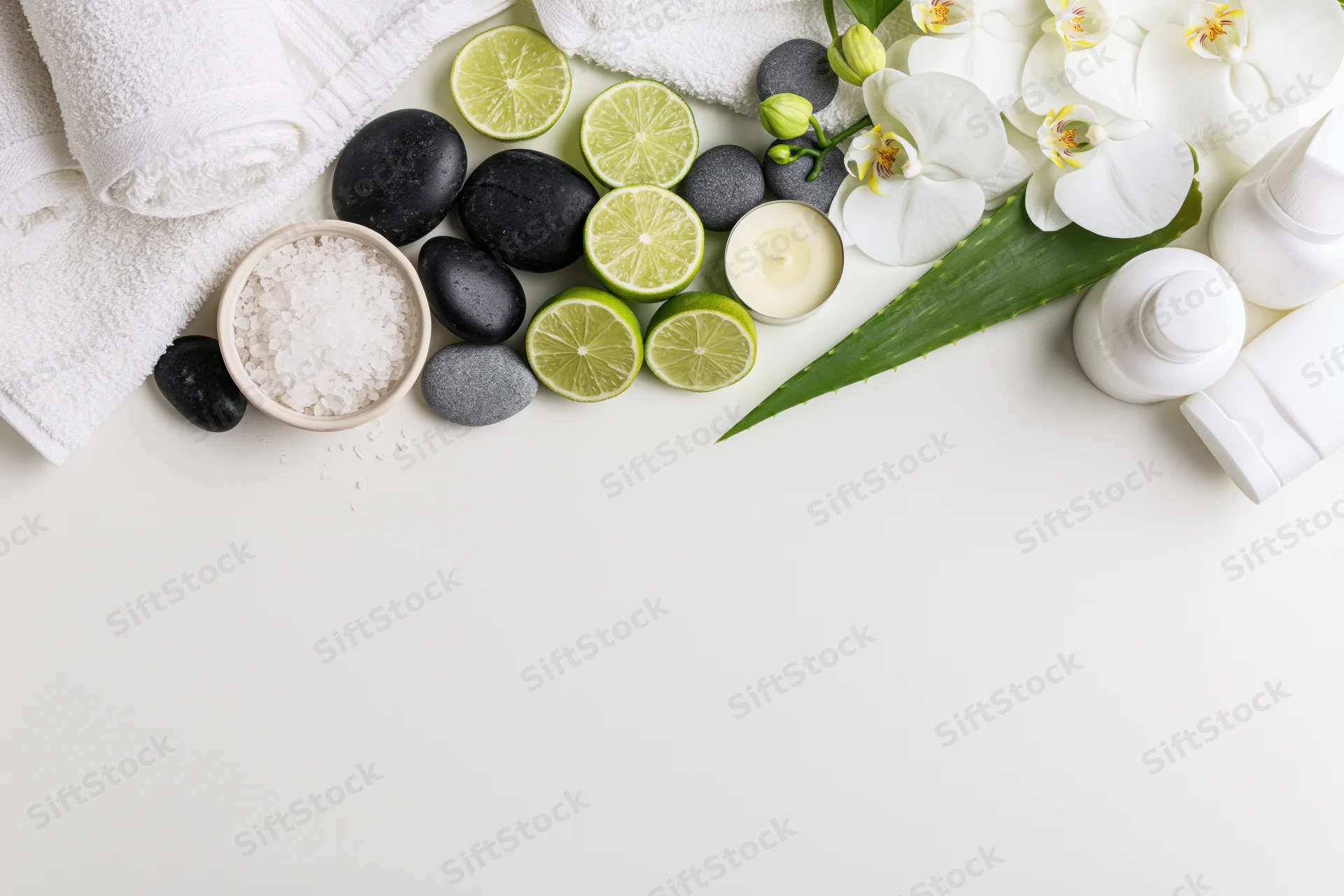 Spa and wellness products arranged in a flat lay along the top of a white surface with copyspace below
