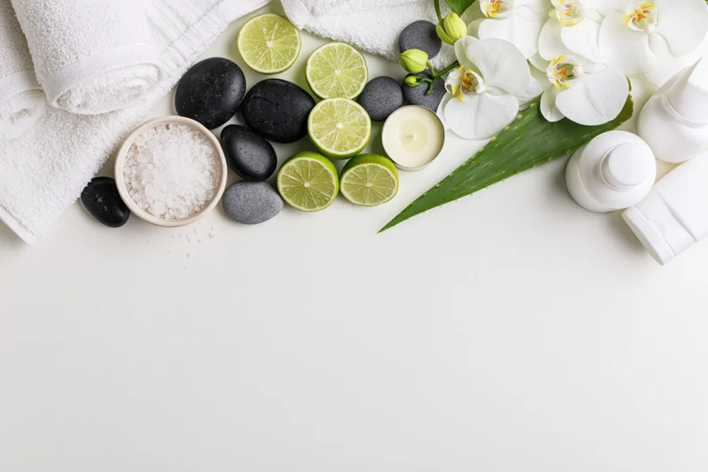 Spa and wellness products arranged in a flat lay along the top of a white surface with copyspace below