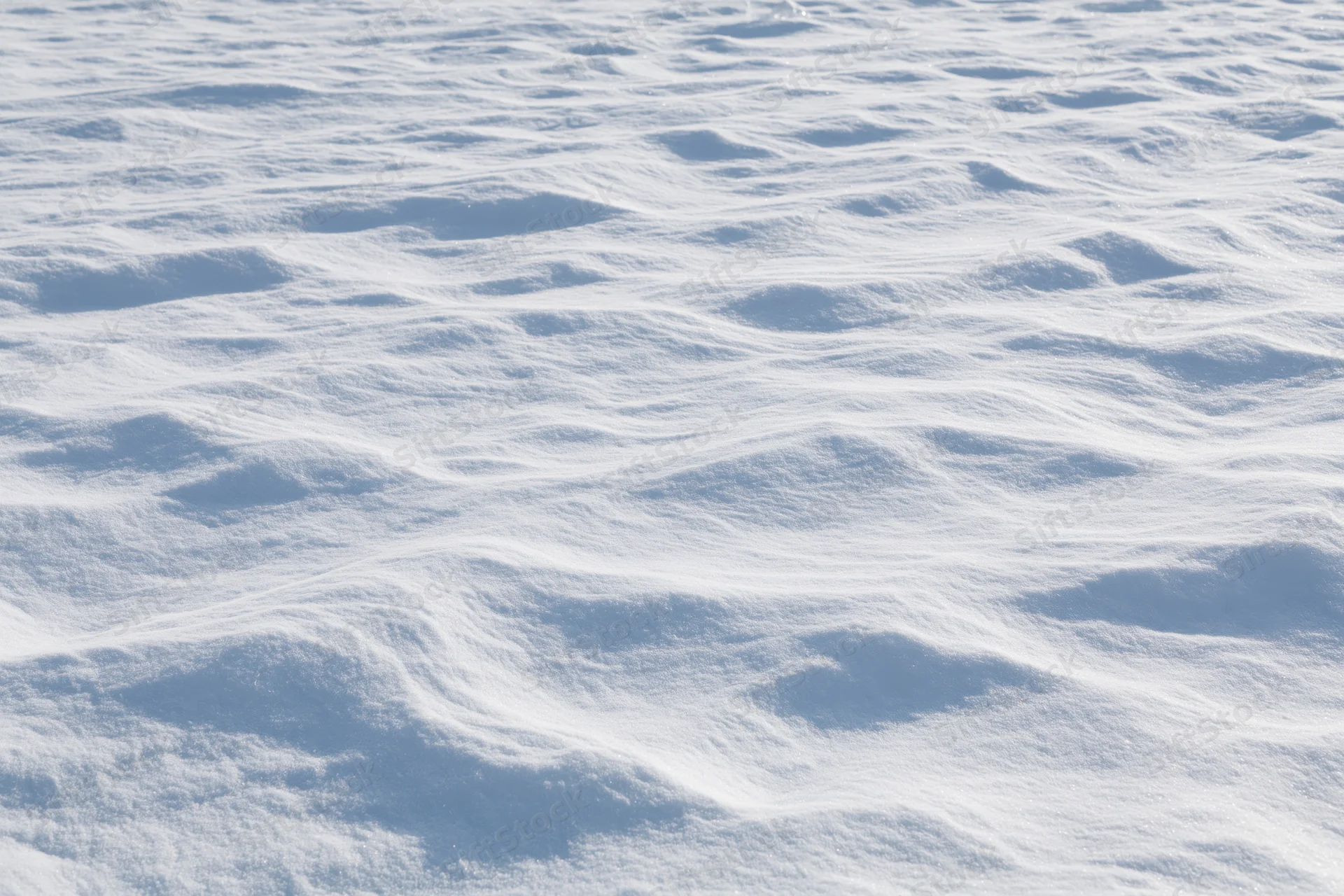 Wind-sculpted snow drifts across an open snowfield under bright daylight