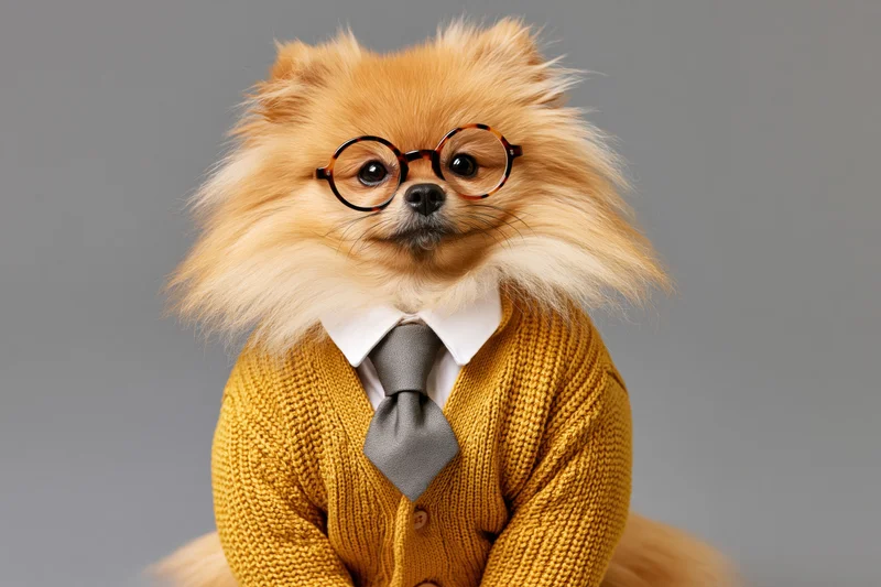 Fluffy pomeranian dog sitting upright wearing round tortoiseshell glasses, yellow knit cardigan, gray tie, and white collar against gray background