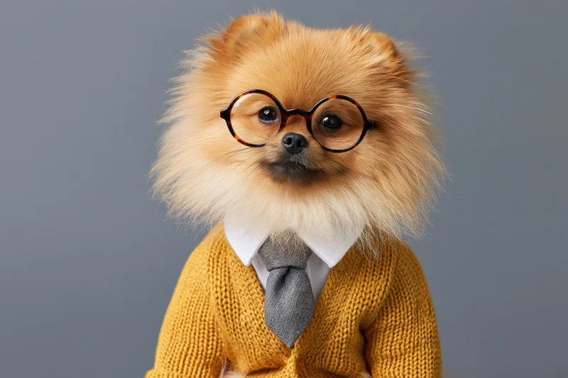 Fluffy pomeranian dog wearing round tortoiseshell glasses and a yellow knit sweater with gray tie, sitting upright in studio setting