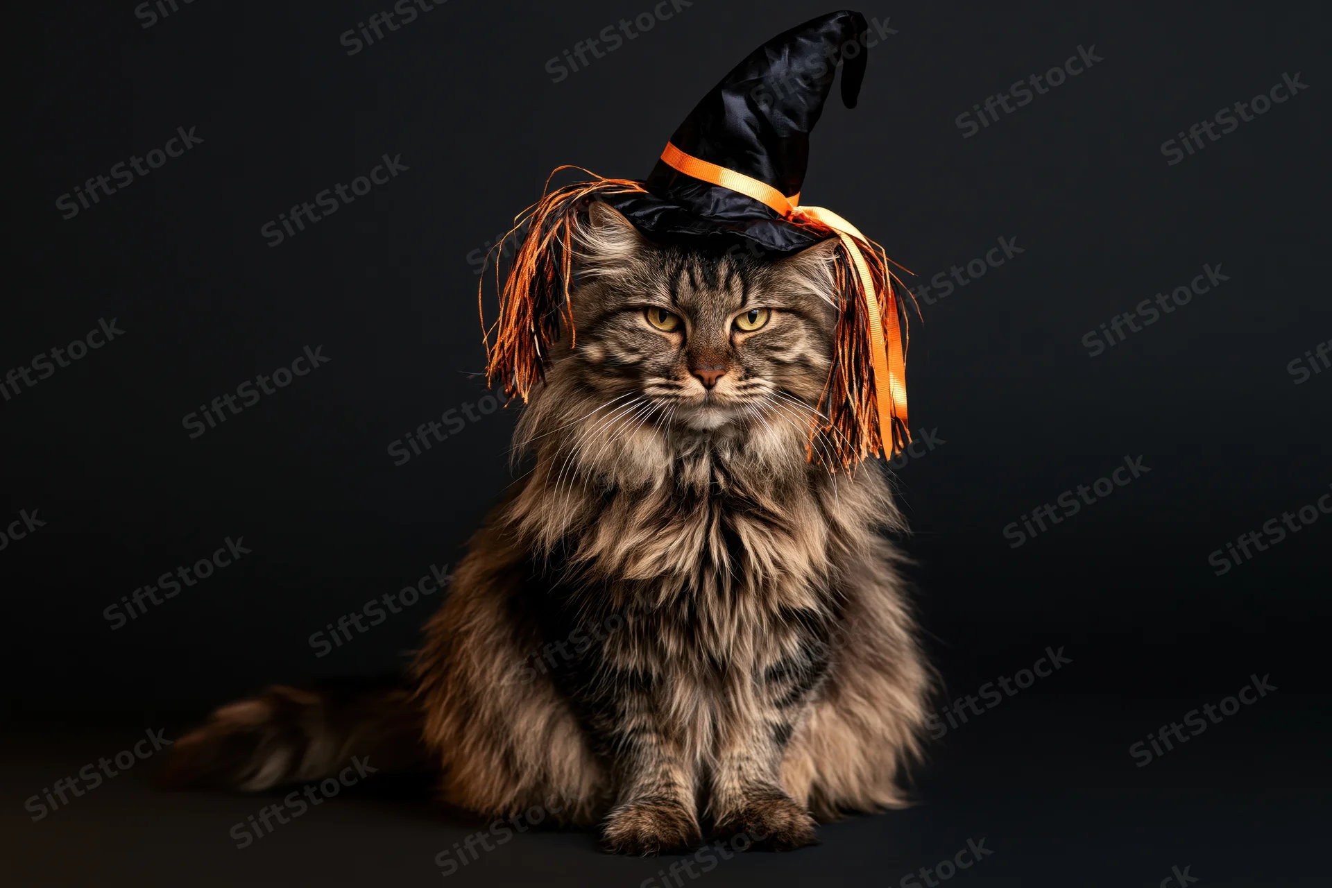 Fluffy long-haired tabby cat sitting upright wearing a small witch hat with orange fringe against dark backdrop