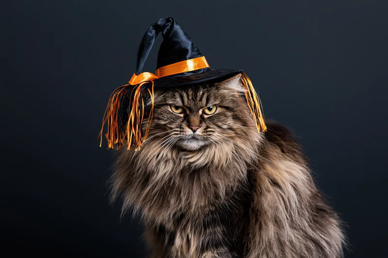 Fluffy long-haired tabby cat wearing a witch hat with orange fringe, sitting upright against a dark studio background