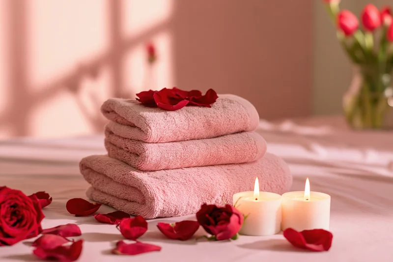 Folded pink spa towels stacked on a pale pink surface with lit candles and scattered rose petals